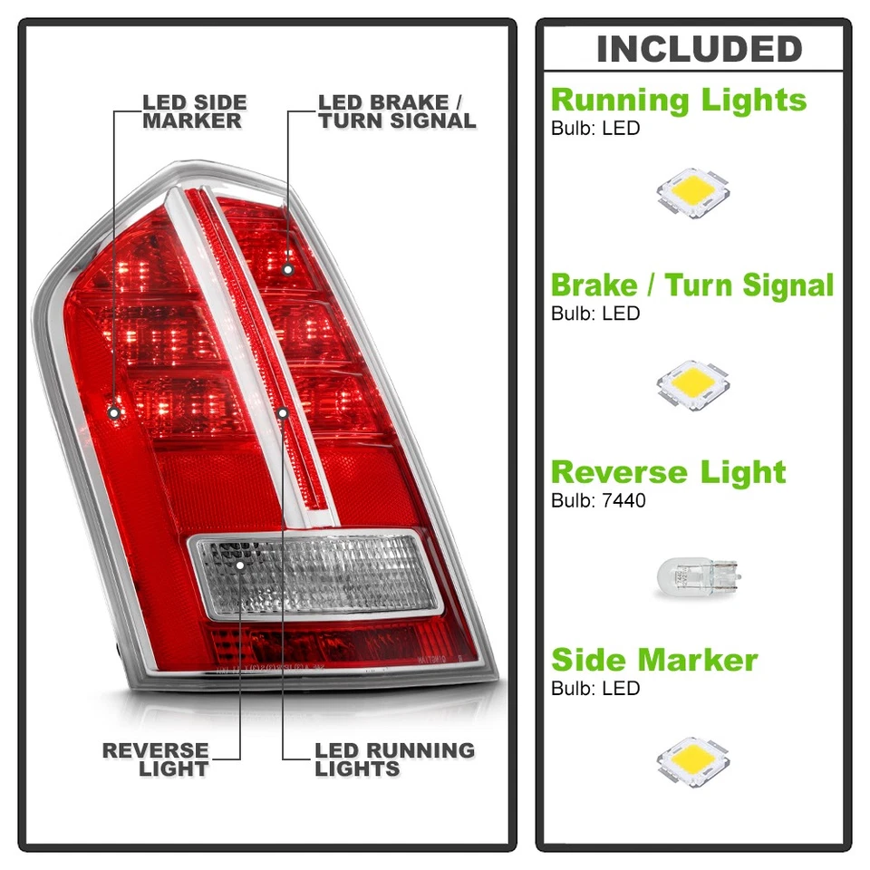 For 2011-2014 Chrysler 300 w/ Chrome Accent LED Tail Lights Brake Lamps Pair Set - Image 4 of 4
