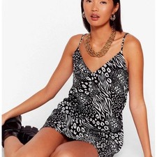 Nasty Gal Black & White Animal Print Mini Slip Dress 