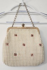 Vintage 50s White Beaded Evening Bag Floral Embroidery  Ornate Filigree Clasp