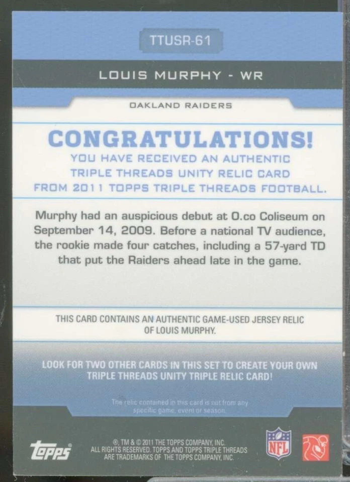 Louis Murphy /36 Card 2011 Topps Triple Threads Unity Jersey Relics #TTUSR61  - Image 2 of 2