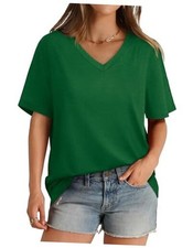 Womens V Neck Short Sleeve T Shirts Summer Tops 2025 Casual Loose Medium Green