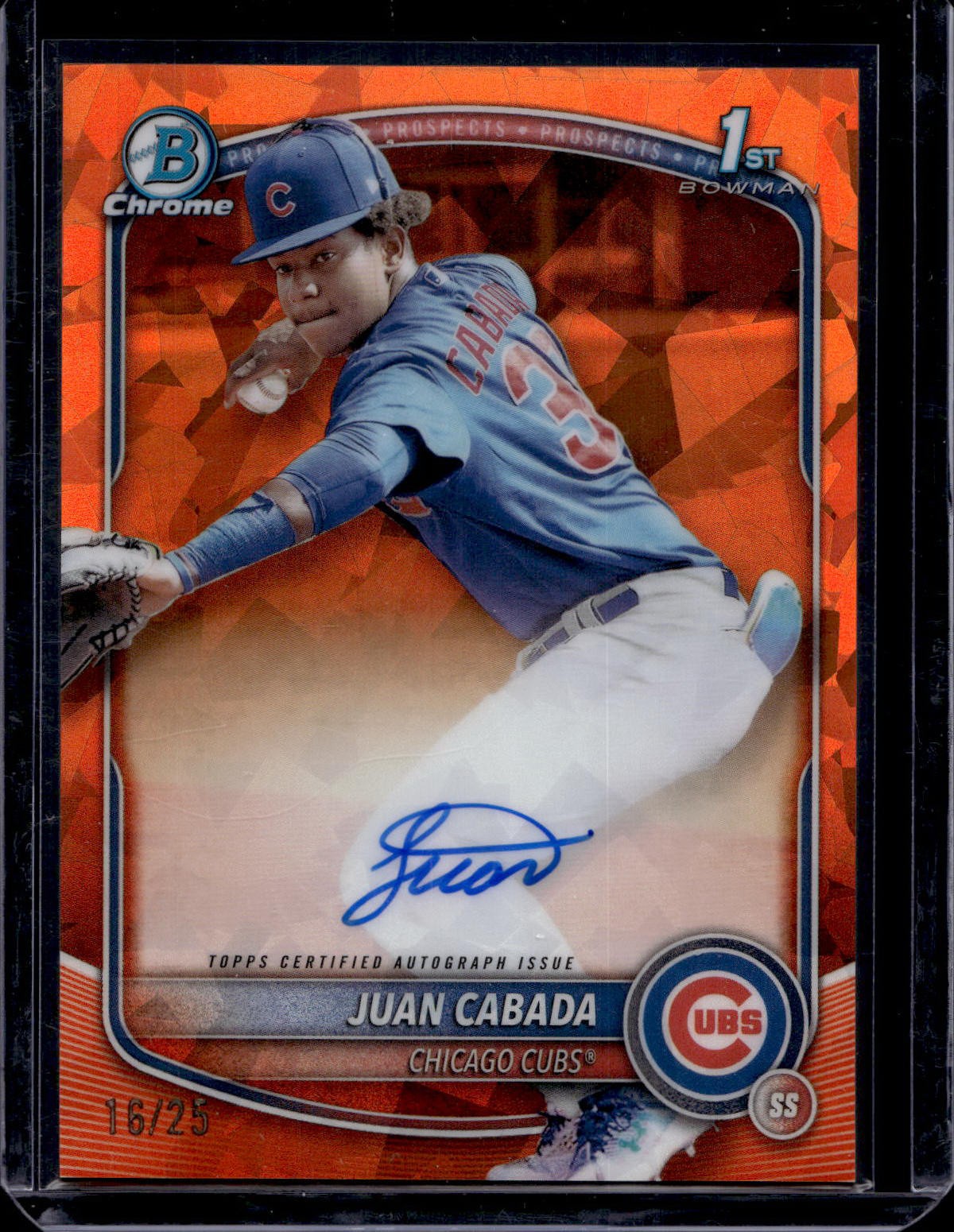 2025 Bowman Chrome Sapphire Juan Cabada Orange 1st Auto /25 Chicago Cubs CPSA-JC