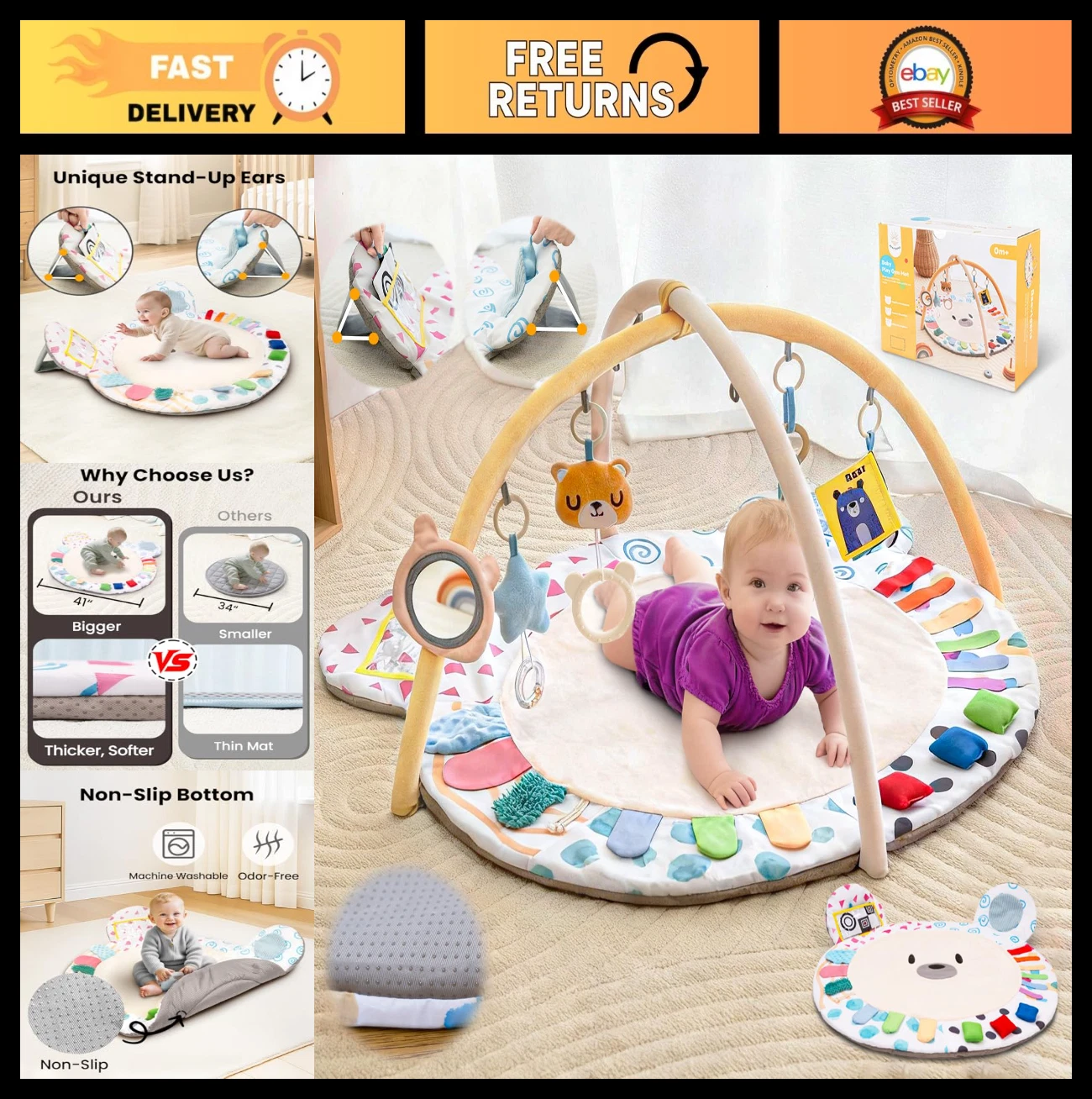 Baby Play Gym Activity Mat - Thick Non-Slip, 5 Developmental Zones & Sensory Toy