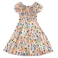 Chanel Silk Dress All Over Pattern Ribbon Short Sleeve Multi-Color Size 12