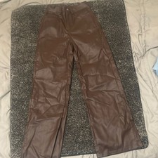 SHEIN Women s Pants Brown Faux Leather Straight Leg Regular Fit Pockets