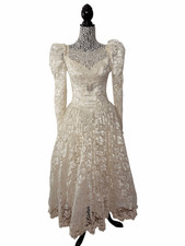 Vintage 1980s Ivory Lace Wedding Dress Beaded Puff Sleeve Tea Length Bridal Gown