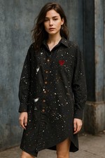 Momoshero Women’s Paint Splatter Asymmetrical Shirt Dress Black Size S