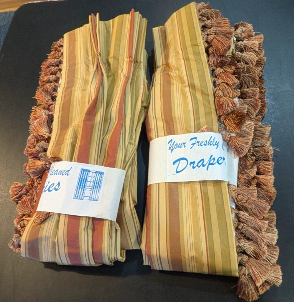 2 pair/4 panels Custom Gold Brown Green Burgundy Striped Tassel Trim drapes 88"L - Image 4 of 4