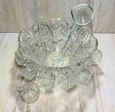 Vintage 1950s Imperial Glass Whirling Star Clear Punch Bowl, Ladle & 12 Cups