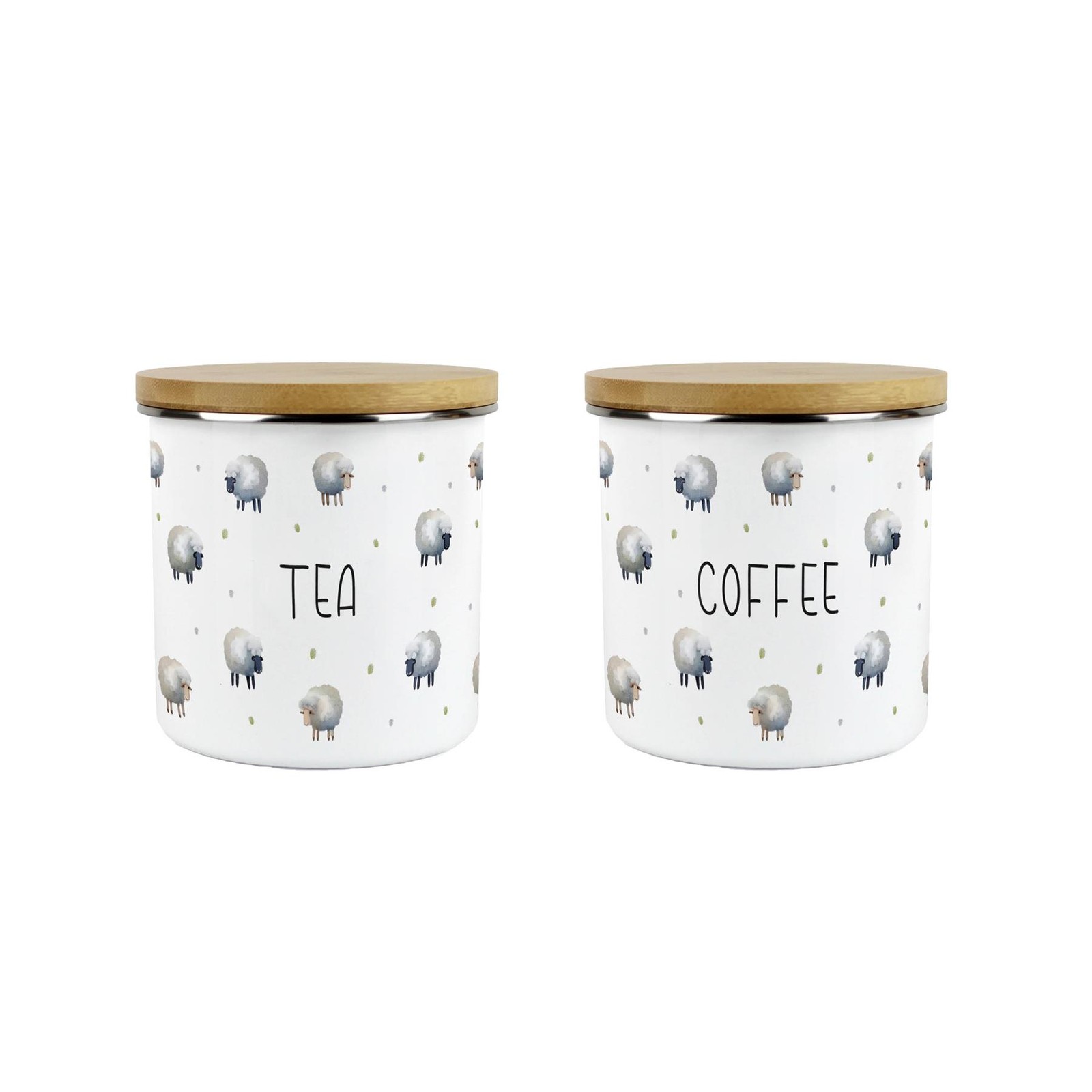 Spring Sheep Tea & Coffee Canister Set - Countryside Enamel 600ml Kitchen Gift