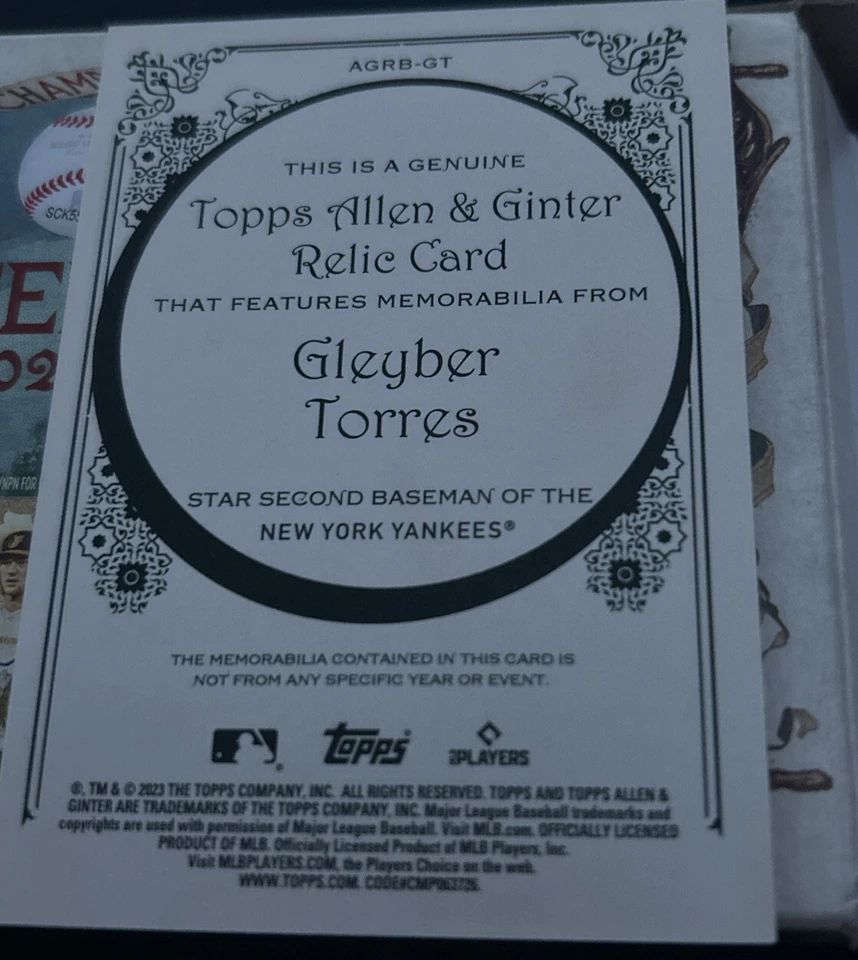 2023 Allen Ginter #AGRB-GT Gleyber Torres Game-Worn Relic *MINT* Fresh - Image 2 of 2