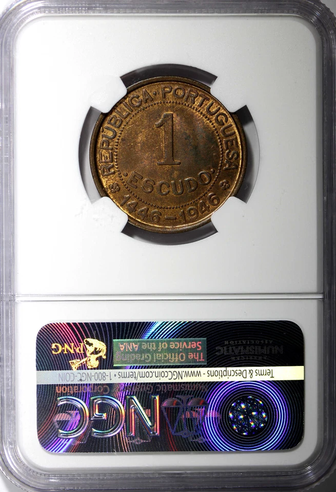 Guinea-Bissau Bronze 1946 Escudo NGC MS64 RB Discovery Anniversary KM# 7  (043) - Image 3 of 4