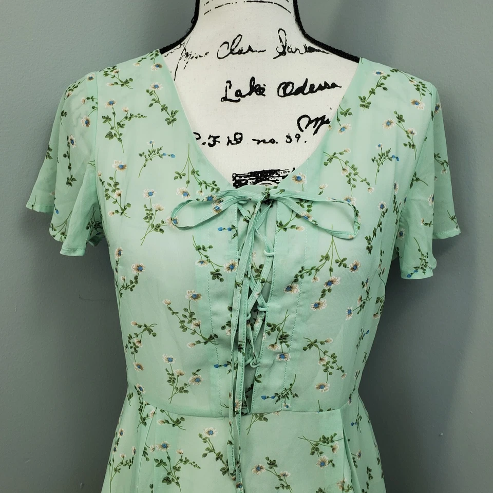 Vestido Allegra K Fit & Flare para mujer S verde azulado floral forrado con cordones cuello en V cremallera trasera Foto 2 de 4