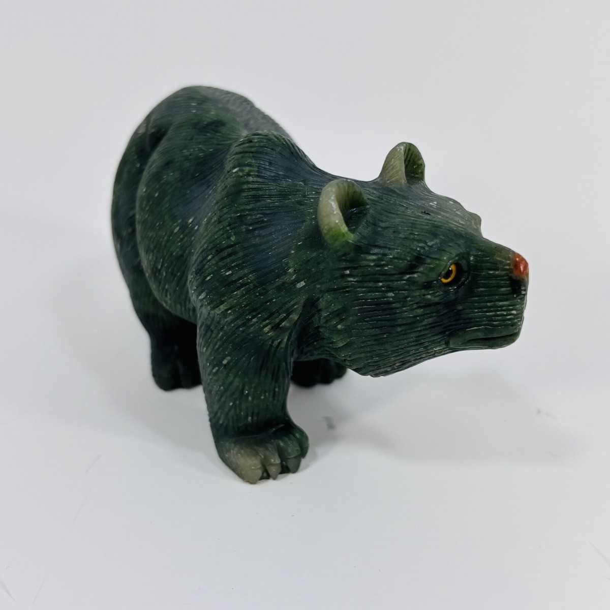 Vintage Canadian Jade Bear - Carved - Beaded Eyes - Natural Stone