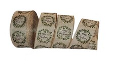 2.5" x 50 Yds Wired Merry Christmas w/Green Wreaths  Gold Glitter Mega Roll
