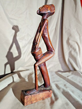 Vintage Hand Carved Wooden Figurine of a Man Playing a Drum or Bongo 12" Tall