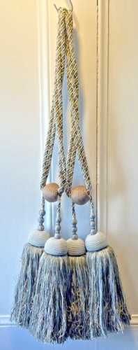 2 HUGE Vintage Passementerie Blue/Gray/Silver & Gold Decorative Curtain Tassels - Picture 1 of 12