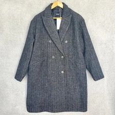 New Pull & Bear Women's Gray Double Breasted Coat L Large Herringbone Wool Blend
