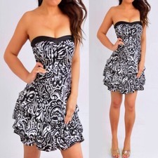 Speechless Black Light Silver Paisley Tube Strapless Ruffle Mini Dress 3 XS