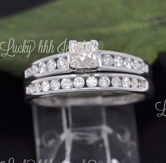 1 ct 14k White Gold Ladies Natural Diamond Ring Wedding  Engagement Set Princess