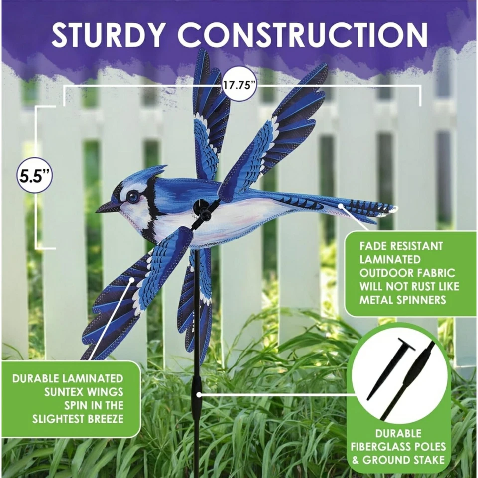 HILANDERO DE VIENTO BLUE JAY WHIRLIGIG 18" DIÁMETRO ALA JARDÍN ESTACA PATIO DECORACIÓN NUEVO Foto 3 de 4