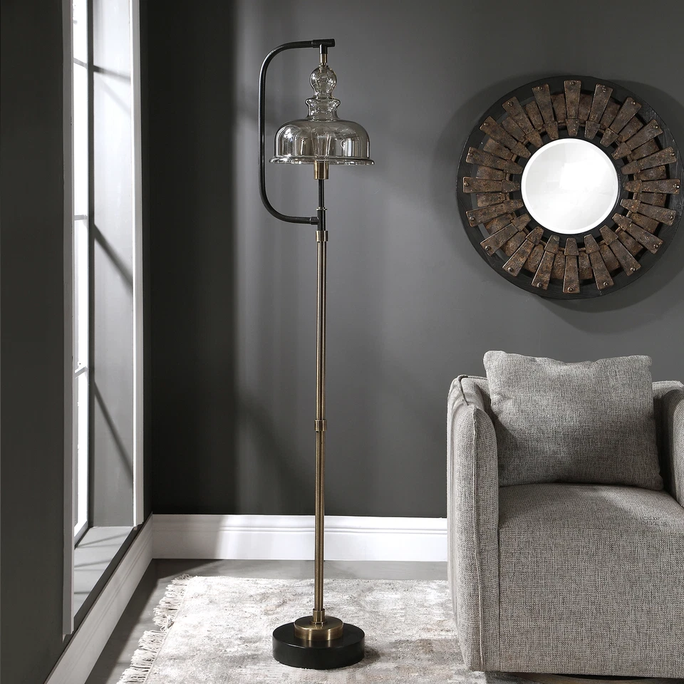 Modern Industrial Style Floor Lamp Amber Glass Bell Shade Brass Bronze Black - Image 3 of 4