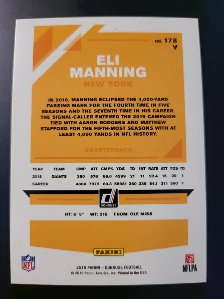 2019 Donruss Eli Manning VARIATION PHOTO RED PRESS PROOF card #178 - Image 2 of 2