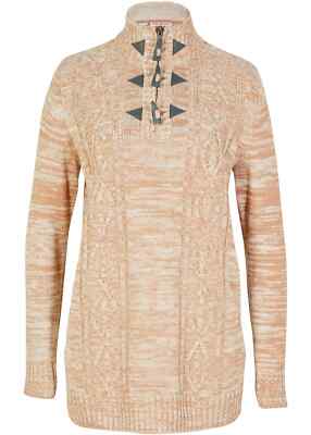 Neu Longpullover mit Stehkragen Gr. 36/38 Natur Meliert Damen Langarm-Pullover