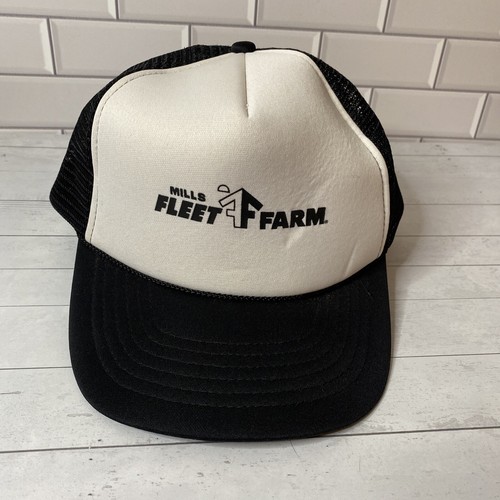Vintage Mills Farm Fleet Snapback Trucker Foam Mesh Hat Cap 80s 90s Black White