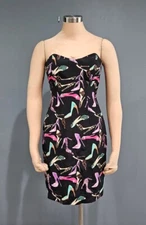 Vtg 90s NICOLE MILLER Collection Women Silk Strapless Shoes Print Sheath Dress 2