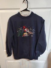 Vintage Women's Small Bobbie Brooks Holiday Winter Sweater Navy With Gray Trim