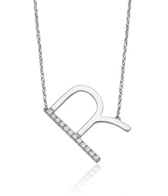 14K massives Weißgold seitlich Diamant Buchstabe R Initiale Kette Halskette
