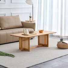 Rectangular Wood Coffee Table with Imitation Rattan for Small Living Room