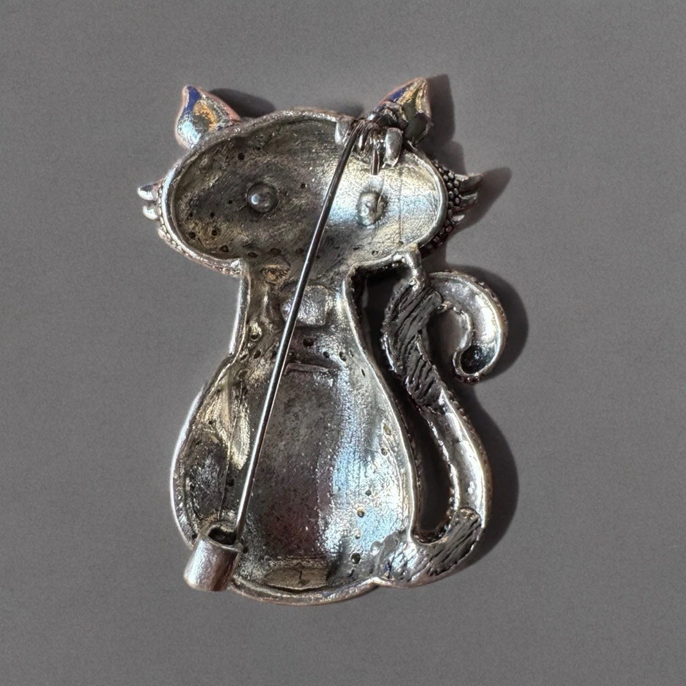 Broche Gato Vintage Marrón Estrás Tono Plata Figura Gatito Prendedor Foto 4 de 4