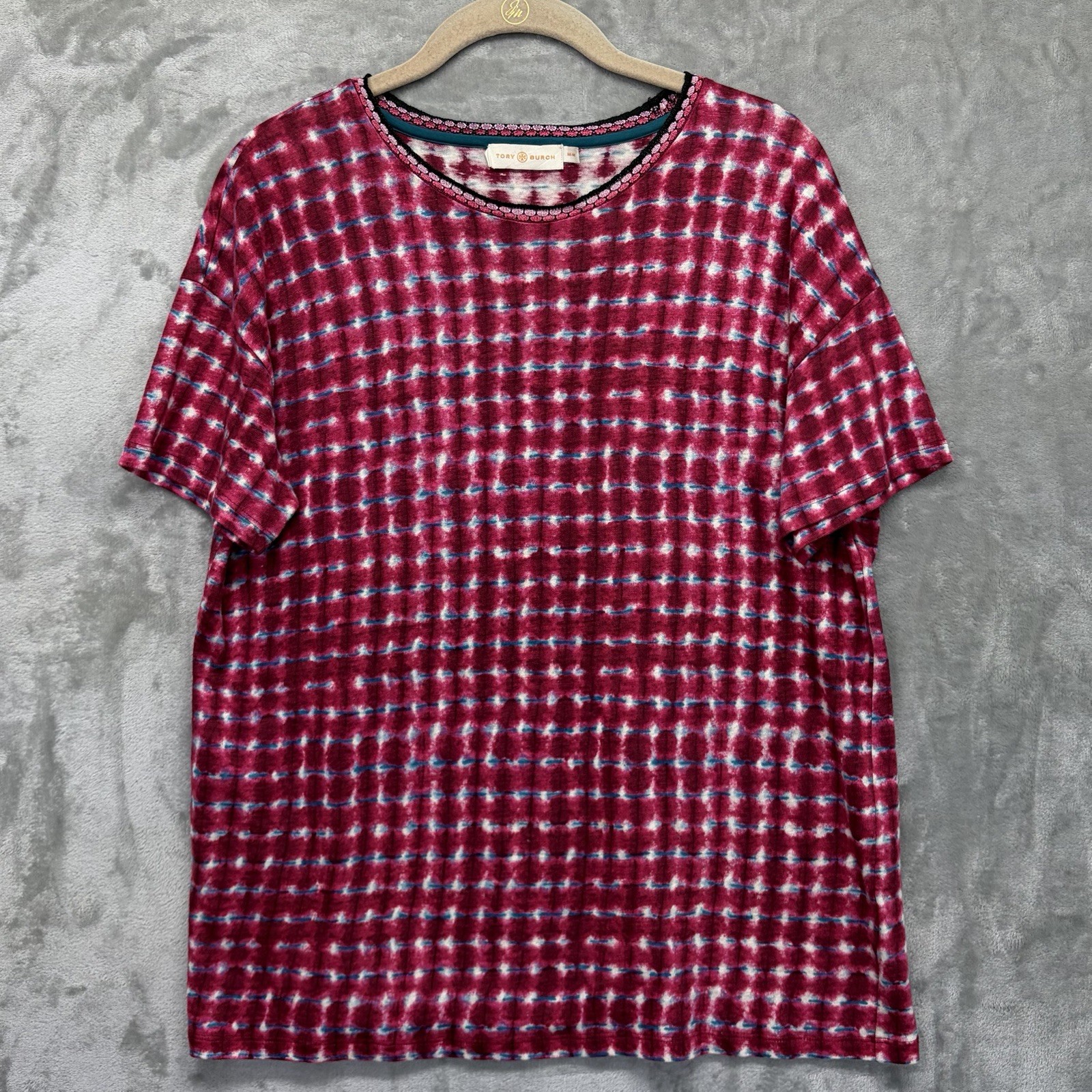 Tory Burch Womens Sondra Linen Short Sleeve Top Sz Medium Artsy Luxury Pink Red