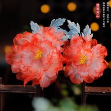 Chinese Style Hanfu Handmade Silk Flower Hairpin Peony Red Floral Clamps