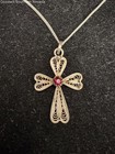 18" Sterling Silver Chain Filigree Cross Pendant Necklace with Garnet Center — photo 3