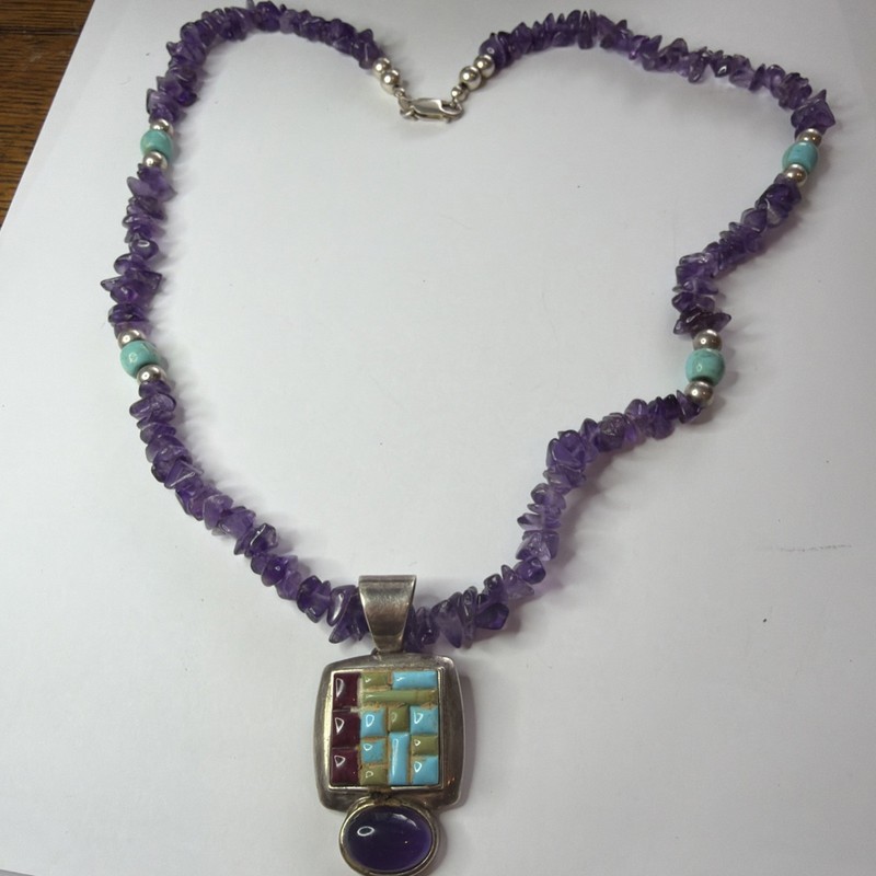 Vintage Sterling Silver Mosaic Turquoise Amethyst Chip Pendant Necklace 22" i32