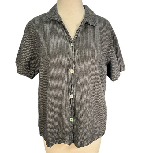 Top manica corta con bottoni cotone caldo 55% lino 45% cotone taglia large grigio nero - Foto 1 di 9