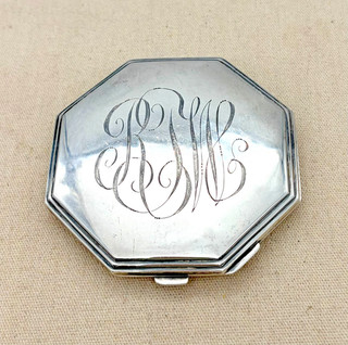 Vintage Sterling Silver Compact Mirror Powder Case Monogram Octagon Shape 3.8 Oz