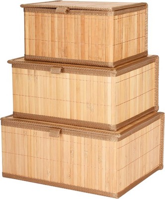 Bamboo Decorative Storage Boxes With Lids - Nesting Rectangular Lidded Box fo...