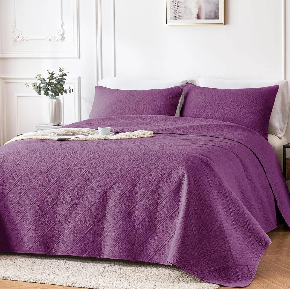 2 Piece Twin Size Bedspread Coverlet Quilt Set Pillow Sham Lightweight Purple - Image 2 of 4