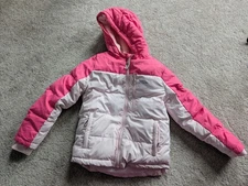 Eddie Bauer Jacket Kids Small 7-8 Pink White Hooded Down Puffer Winter Coat