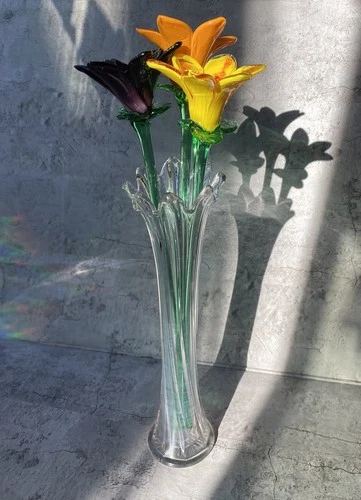 Lot Of 3 VTG Murano Style Glass Flowers 19" Long Stem 4.5”-5” Wide