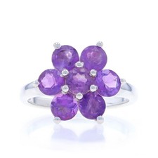 Sterling Silver Amethyst Cluster Cocktail Ring - 925 Round 2.80ctw Flower