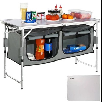 VEVOR Camping Kitchen Table Aluminum Top, Foldable Portable Adjustable w/Storage