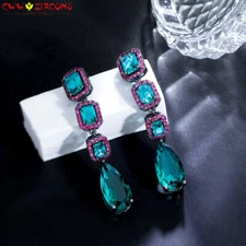 Classy Black Gold Plated Green CZ Stone Dancing Party Long Square Drop Earrings