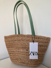 Image of ZARA small JUTE basket TOTE BAG green pu leather handles pocket green NEW