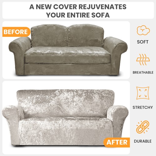 Stretch Sofa Covers Elasticated Foam Support Crushed Velvet Mink 1/2/3 Seater - Picture 86 of 97