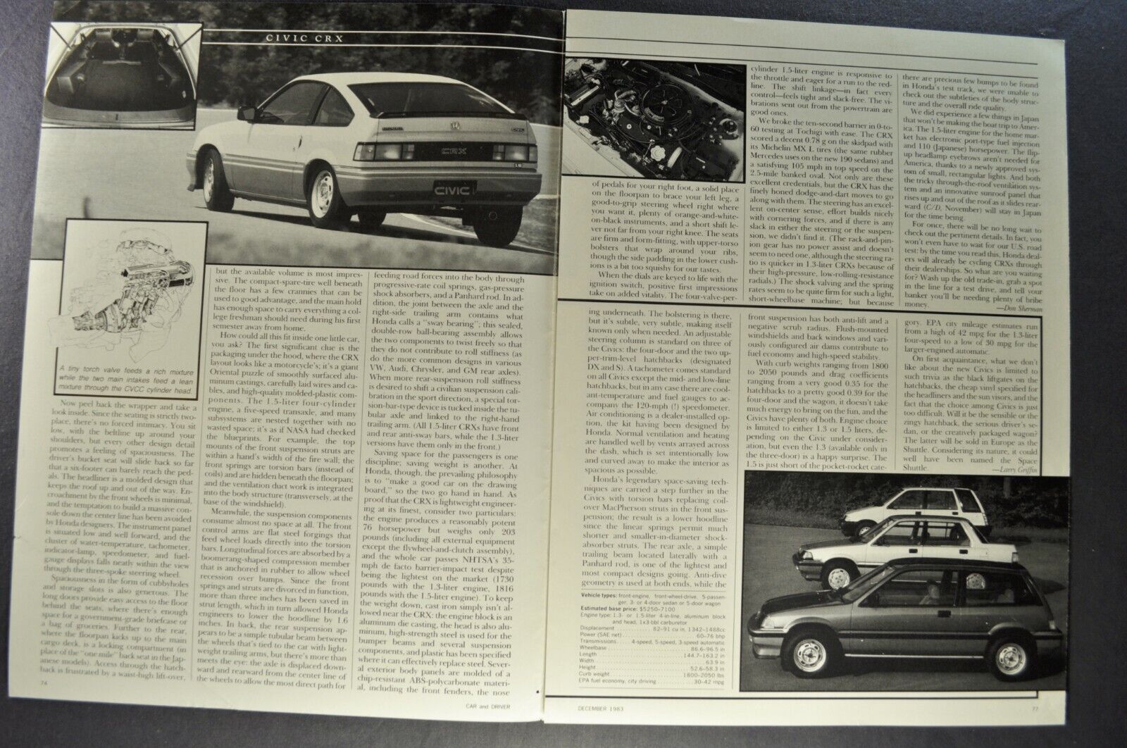 1984 Honda Civic CRX Road Test Sales Brochure Folder Nice Original 84